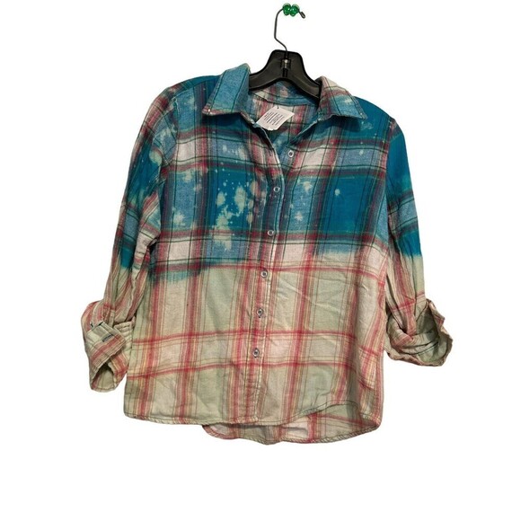 NWT Plaid Bleached Flannel Button Up Upcycled “Thankful” Size 12 Teens - Picture 3 of 3